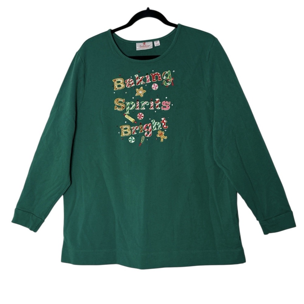 Quacker Factory Top Women's 1X Green Christmas Embellished Holiday Baking Stretc